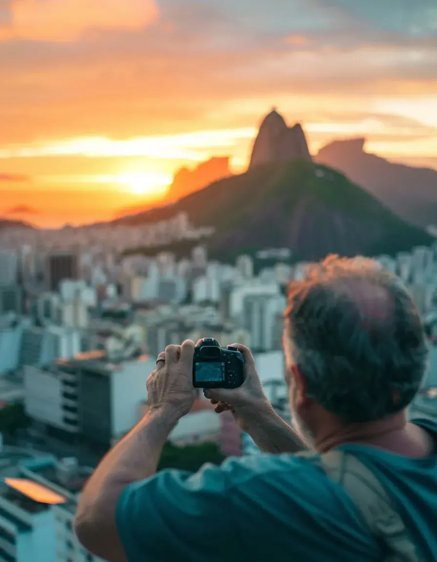 Una persona tomando una foto a las montañas con un atardecer increíble