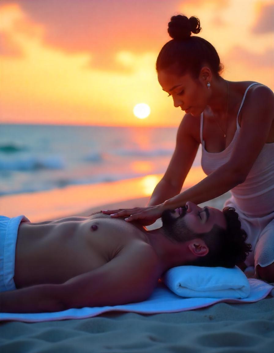 pareja dando un masaje relajante en la playa